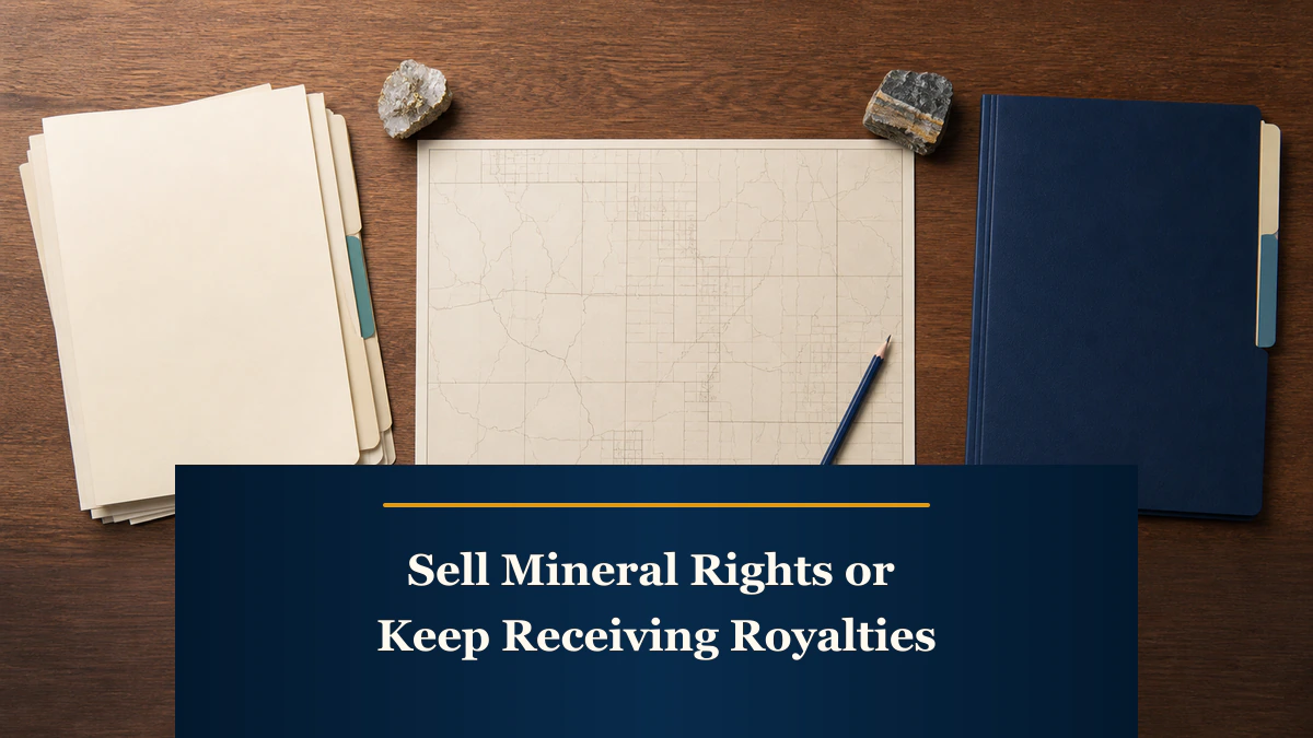 A parcel map separates a sale folder from royalty statements above “Sell Mineral Rights or Keep Receiving Royalties”.