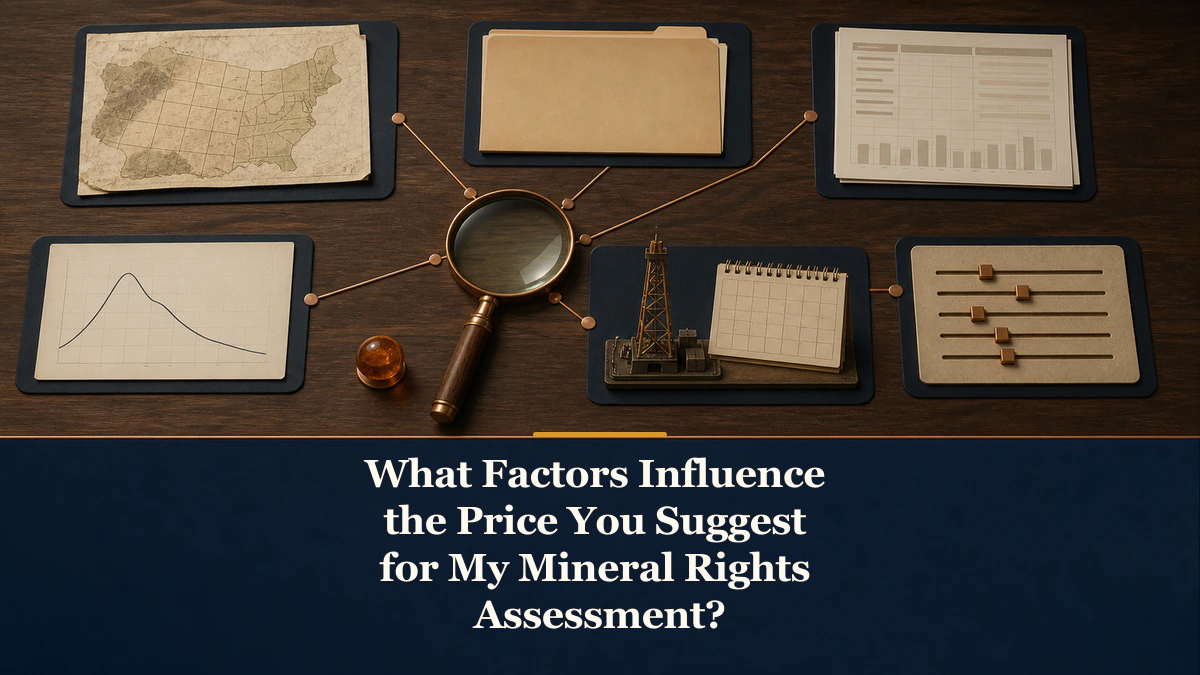 A factor-to-range map labeled “What Factors Influence the Price You Suggest for My Mineral Rights Assessment?”.