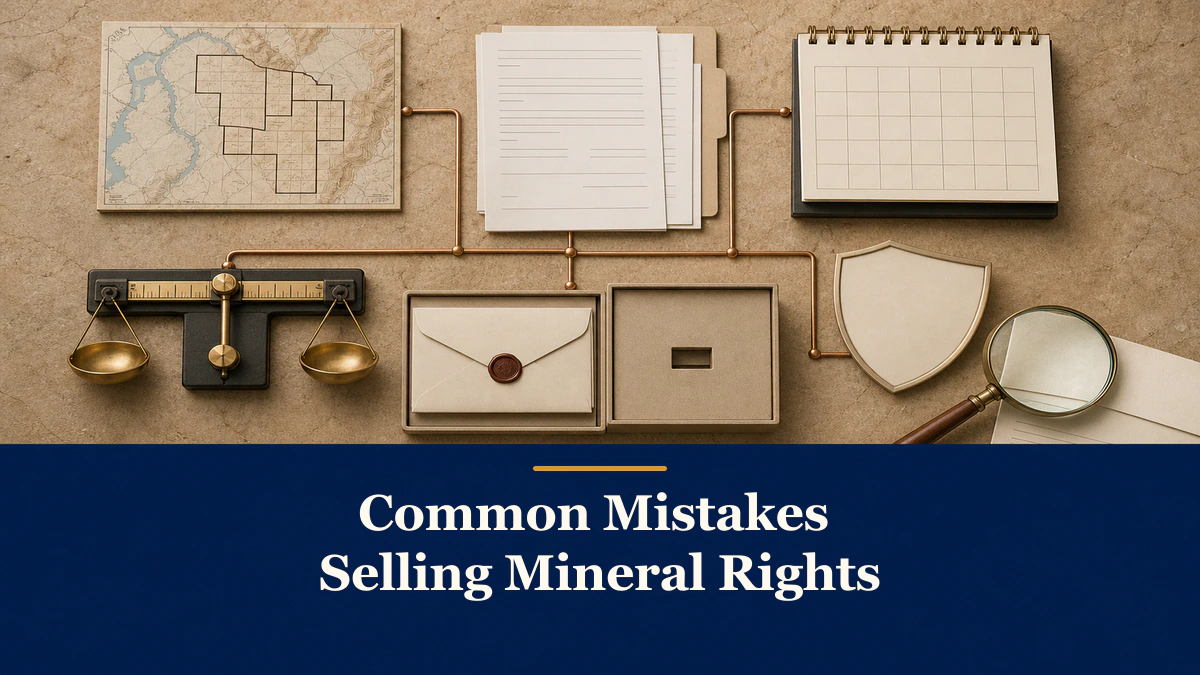 A contract-trigger map labeled “Common Mistakes Selling Mineral Rights”.
