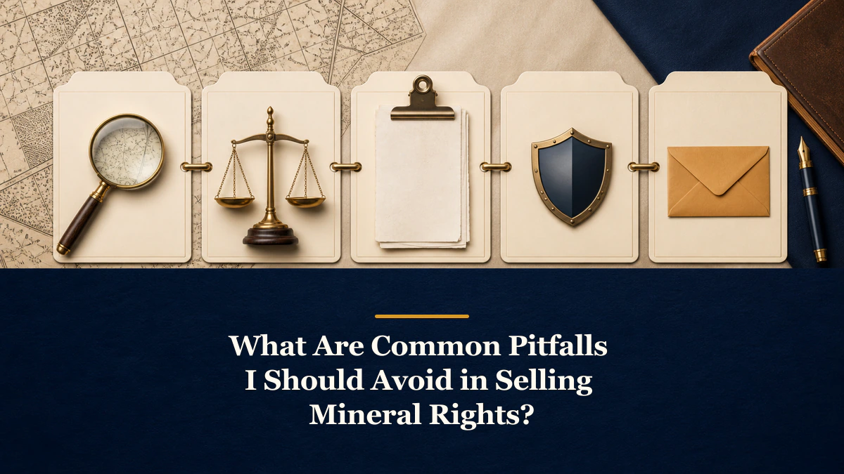 A five-checkpoint prevention system labeled “What Are Common Pitfalls I Should Avoid in Selling Mineral Rights?”.