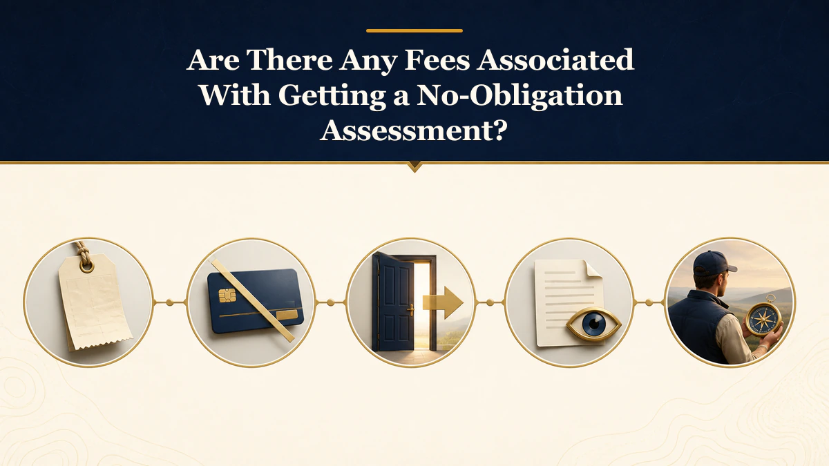 A five-checkpoint verification path labeled “Are There Any Fees Associated With Getting a No-Obligation Assessment?”.