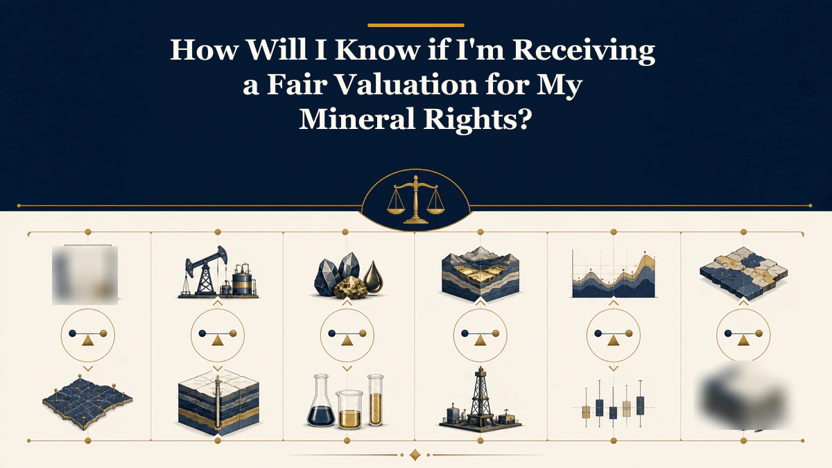 Six-factor audit labeled “How Will I Know if I'm Receiving a Fair Valuation for My Mineral Rights?”.
