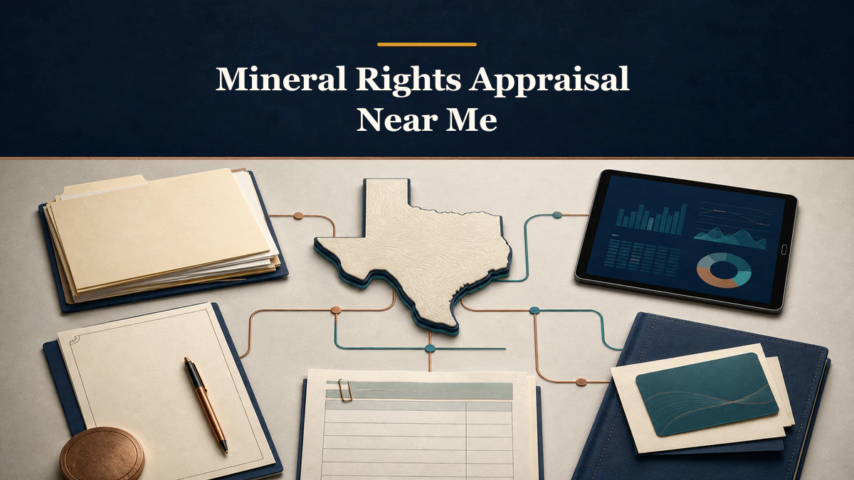 Texas jurisdiction-routing visual labeled “Mineral Rights Appraisal Near Me”.