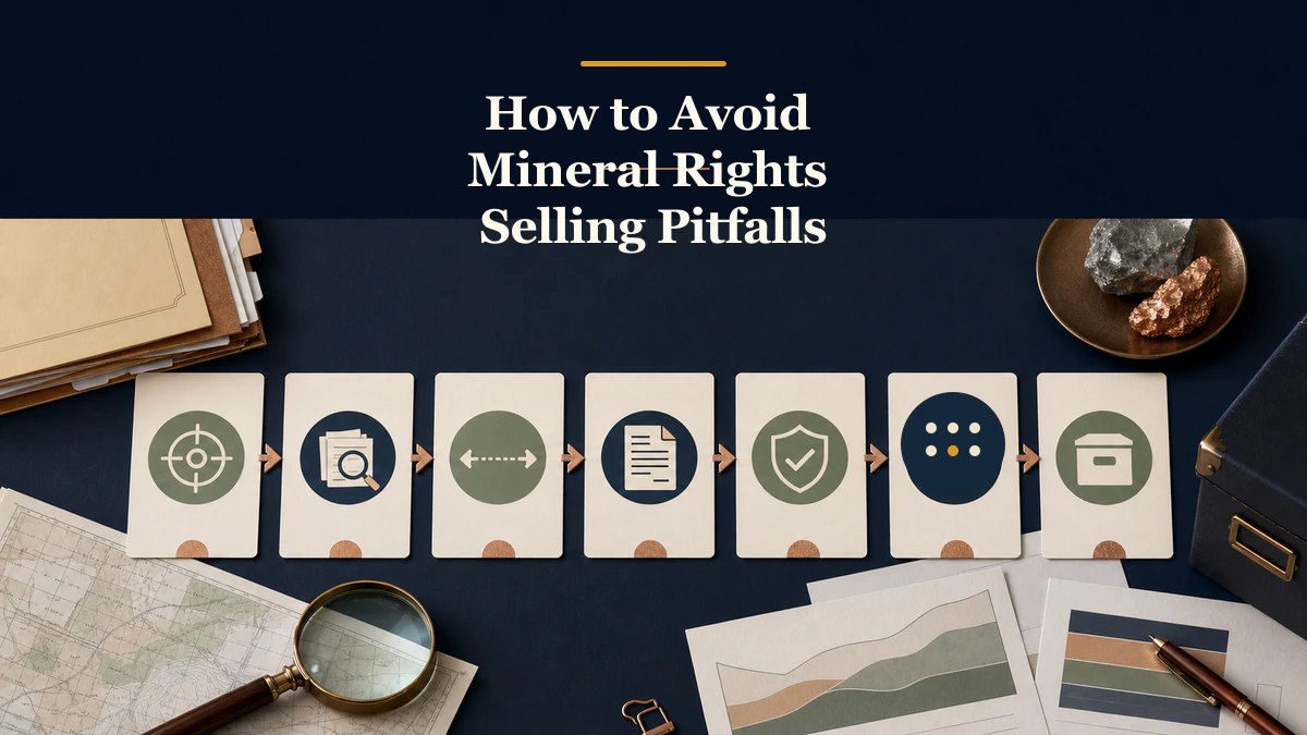 Seven-checkpoint decision path labeled “How to Avoid Mineral Rights Selling Pitfalls”.