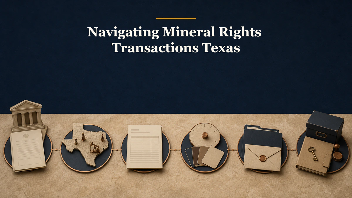 Six-lane evidence routing map labeled “Navigating Mineral Rights Transactions Texas”.