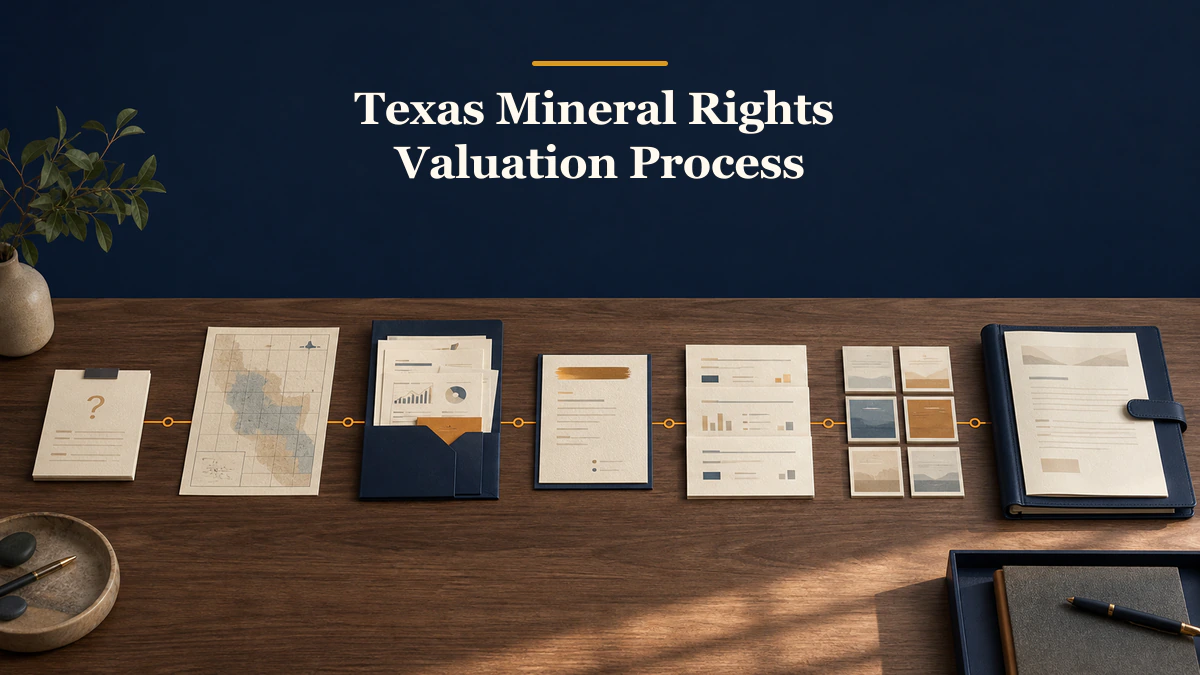 Seven-stage evidence workflow labeled “Texas Mineral Rights Valuation Process”.