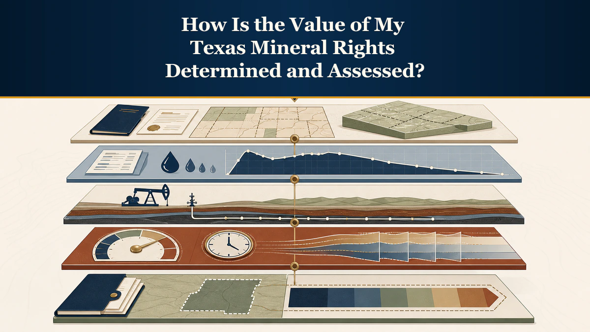 Five-layer valuation stack labeled “How Is the Value of My Texas Mineral Rights Determined and Assessed?”.