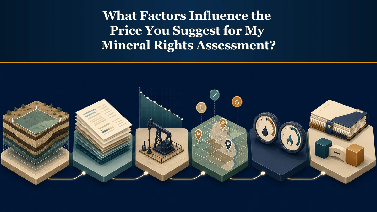 Six-stage assessment-price bridge labeled “What Factors Influence the Price You Suggest for My Mineral Rights Assessment?”.