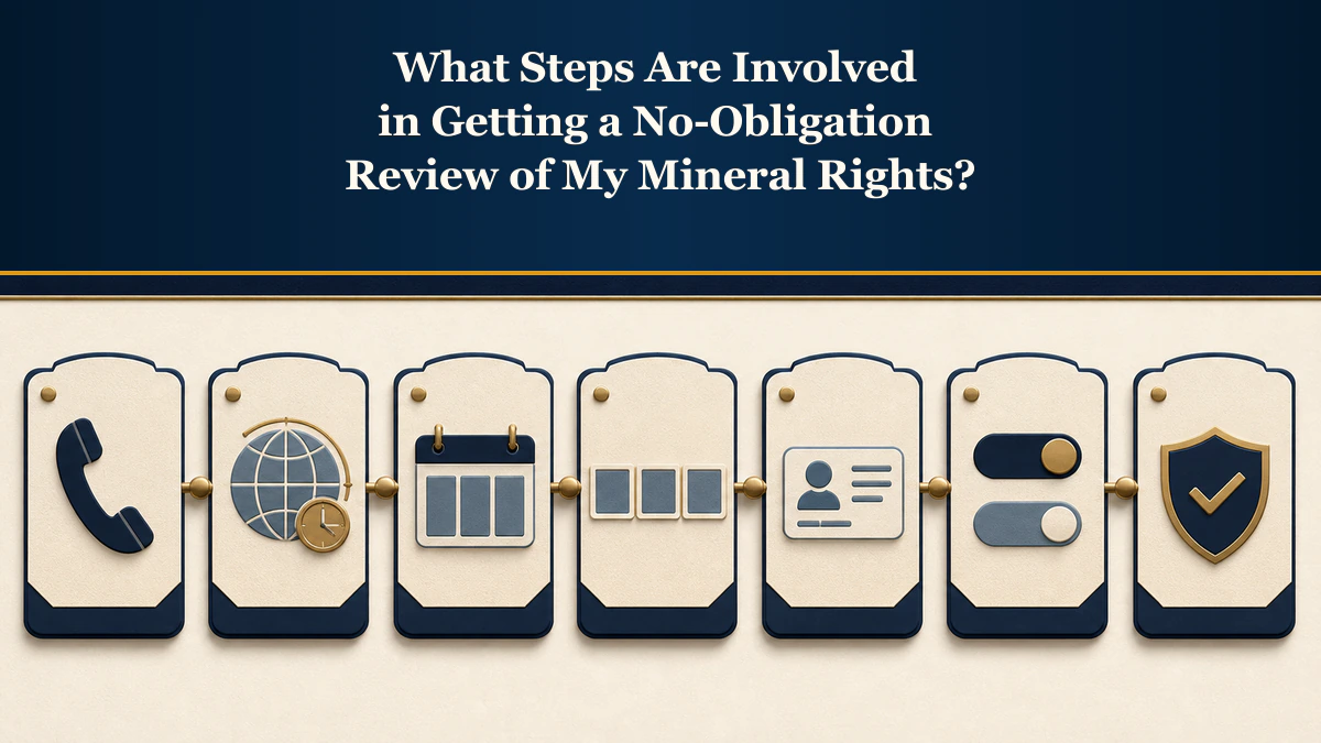 Seven-stage booking path labeled “What Steps Are Involved in Getting a No-Obligation Review of My Mineral Rights?”.