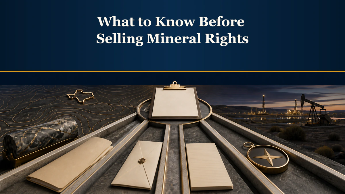 Four-lane value-reconciliation bridge labeled “What to Know Before Selling Mineral Rights”.