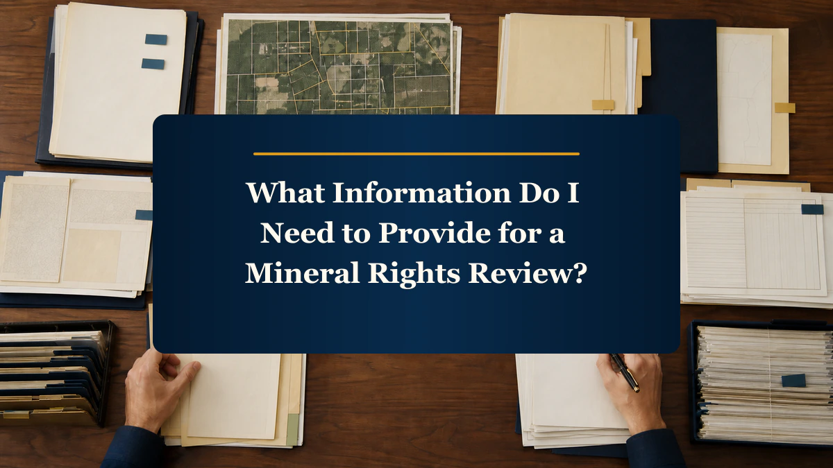 Overhead document folders framing “What Information Do I Need to Provide for a Mineral Rights Review?”.