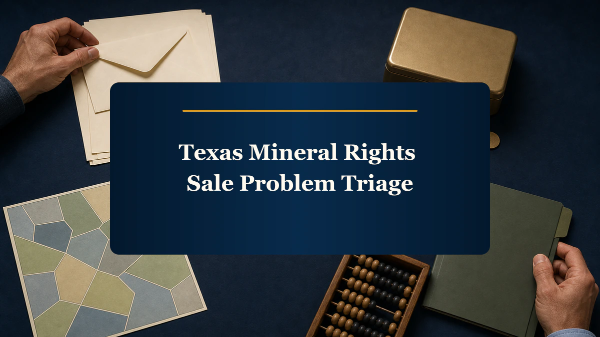 Hands hold envelopes and a file folder around a parcel map, an abacus, and “Texas Mineral Rights Sale Problem Triage”.