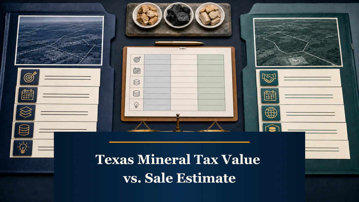 Two parcel folders flank a central comparison grid above “Texas Mineral Tax Value vs. Sale Estimate”.