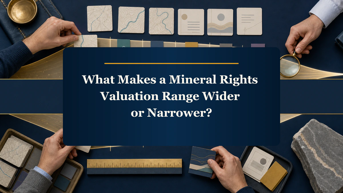 Hands arrange map and data tiles around “What Makes a Mineral Rights Valuation Range Wider or Narrower?”.