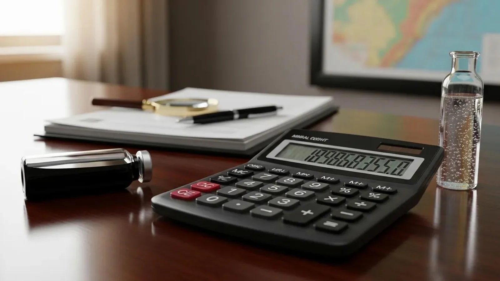A royalty statement, tax worksheet, calculator, and Texas-shaped paperweight with pumpjacks in the background.