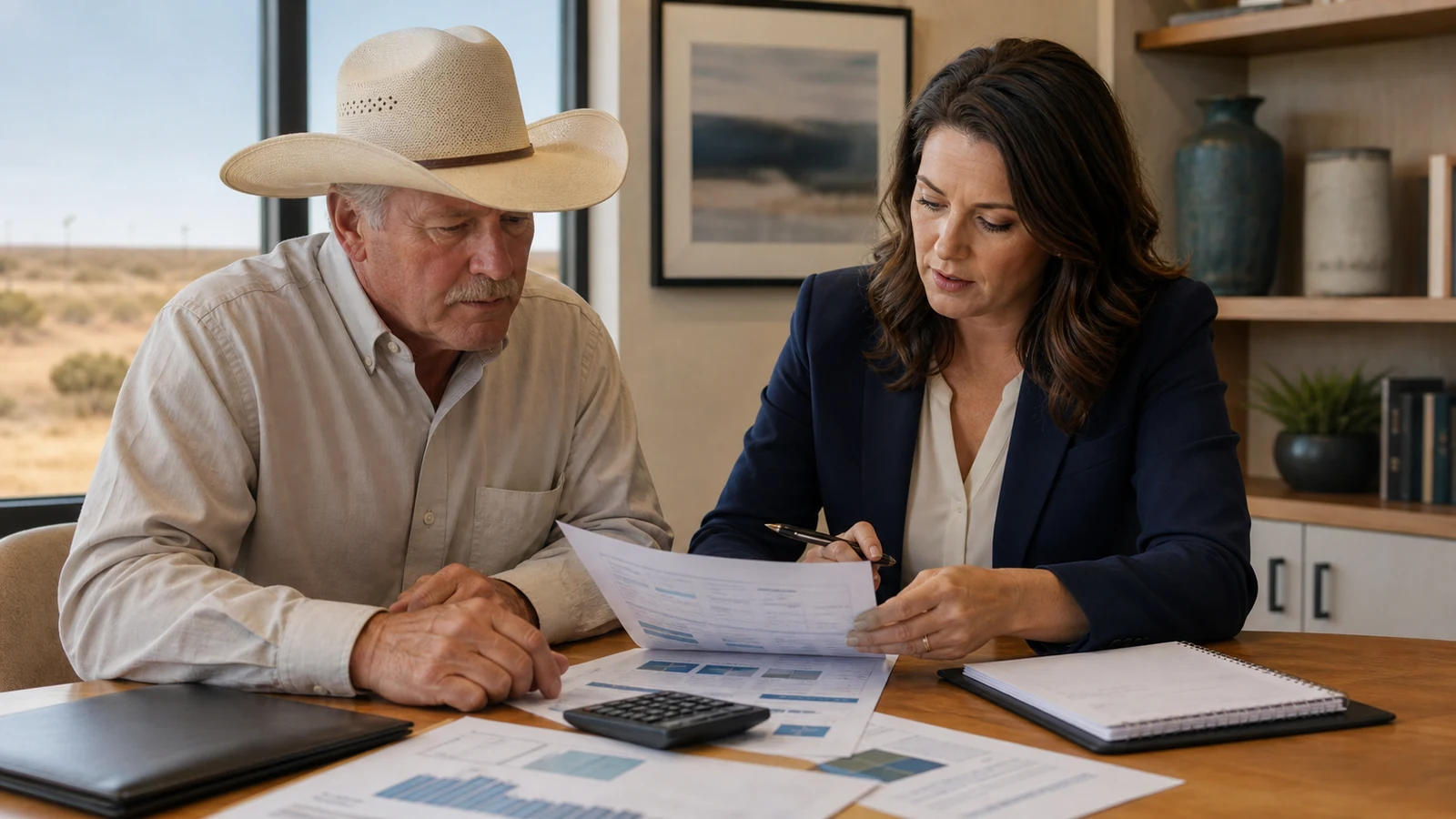 A mineral owner and an underwriter comparing production records and royalty statements.