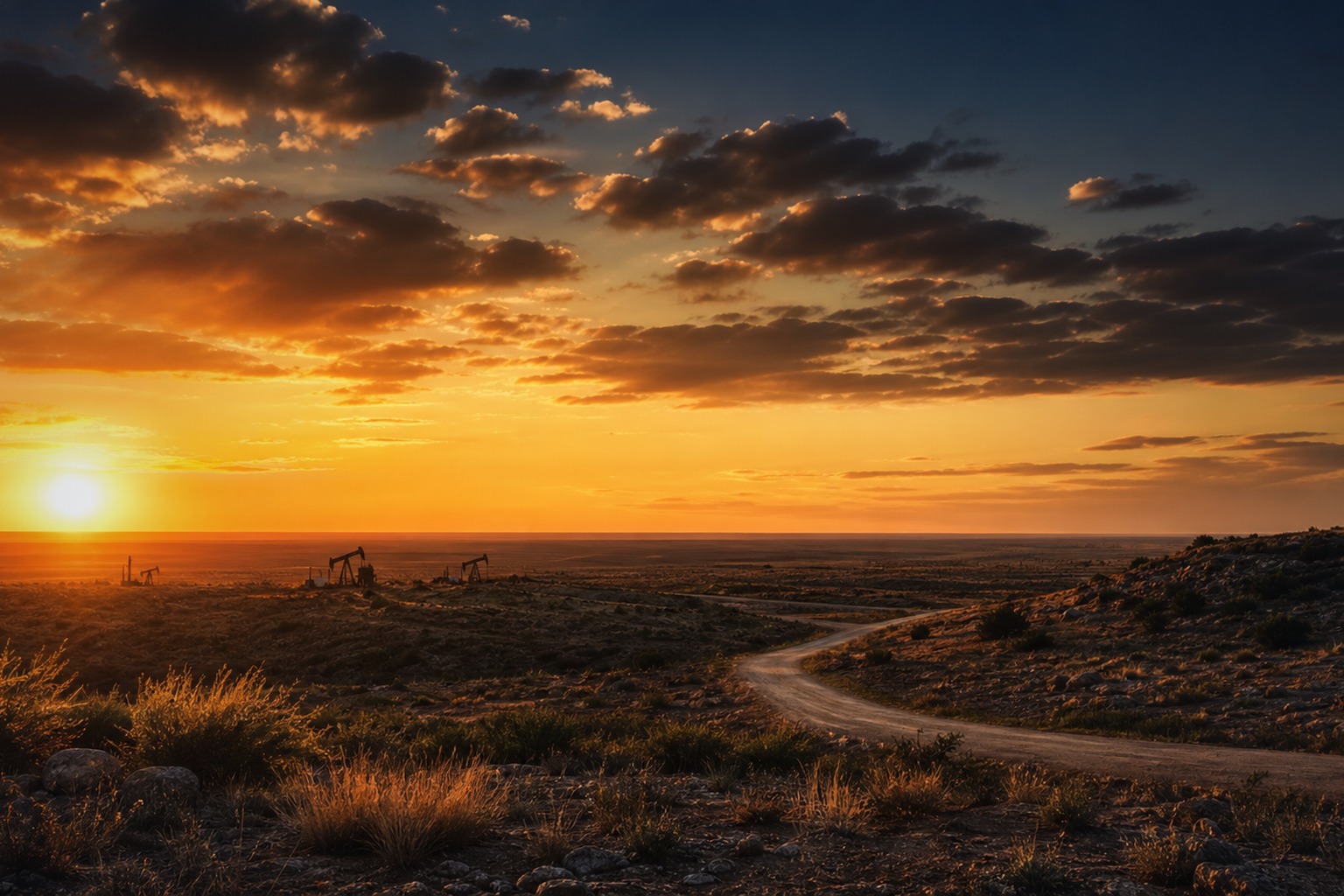 West Texas oilfield at sunset